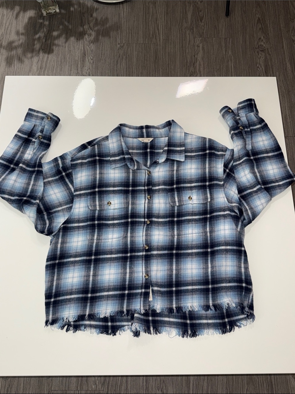 Lucky Brand Blue Plaid Frayed-Hem Button-Front Shirt